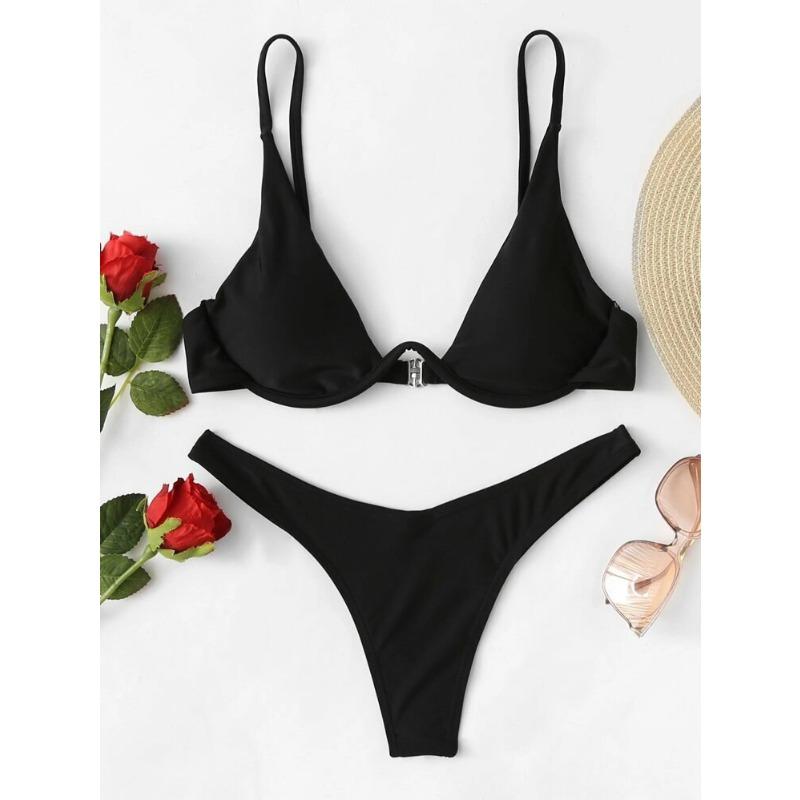 Women's Royal Blue Triangle Bikini Set Underwire Front Closure Thong Bottom Two Piece Swimsuit