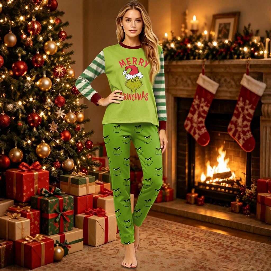 Matching Family Christmas Pajama Set Long Sleeve Round Neck with Pants for Parents and Children