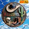 Westlicher Cowboy Runder Metallschild D-Moll Vintage Totenkopf Kaktus Außen Dekoration Haus Wandkunst Cowboy Thema Geschenk