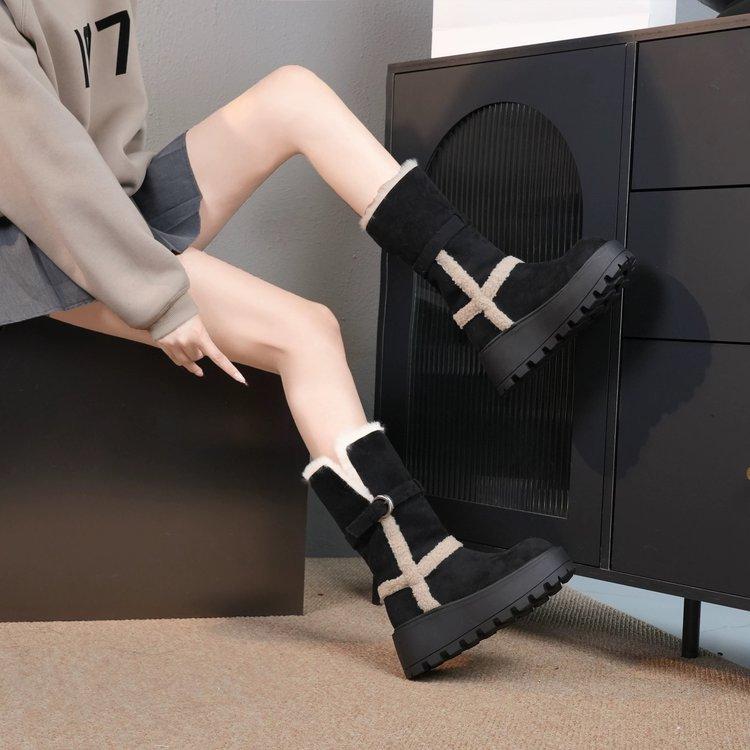 Women's High Tube Fce Lined Thi Winter Snow Boots Knot Velvet Warm Thi Bot Long Boots Korean Sle Ort Tube