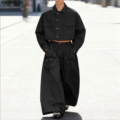 Ensembles Deux Pièces Homme Col à Revers Manches Longues Chemise Courte Nœud Pantalon Long Tenues