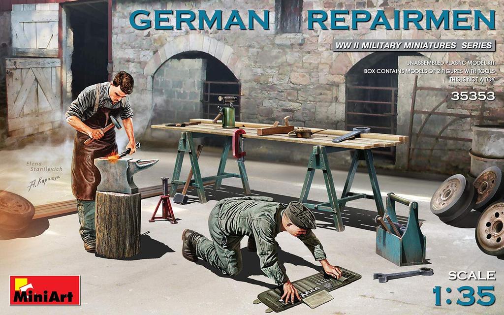 Miniart 1/35 Maßstab Deutscher Reparaturmann (2er Set) mit Werkbank und Werkzeugen, Kunststoffmodellbausatz MA35353
