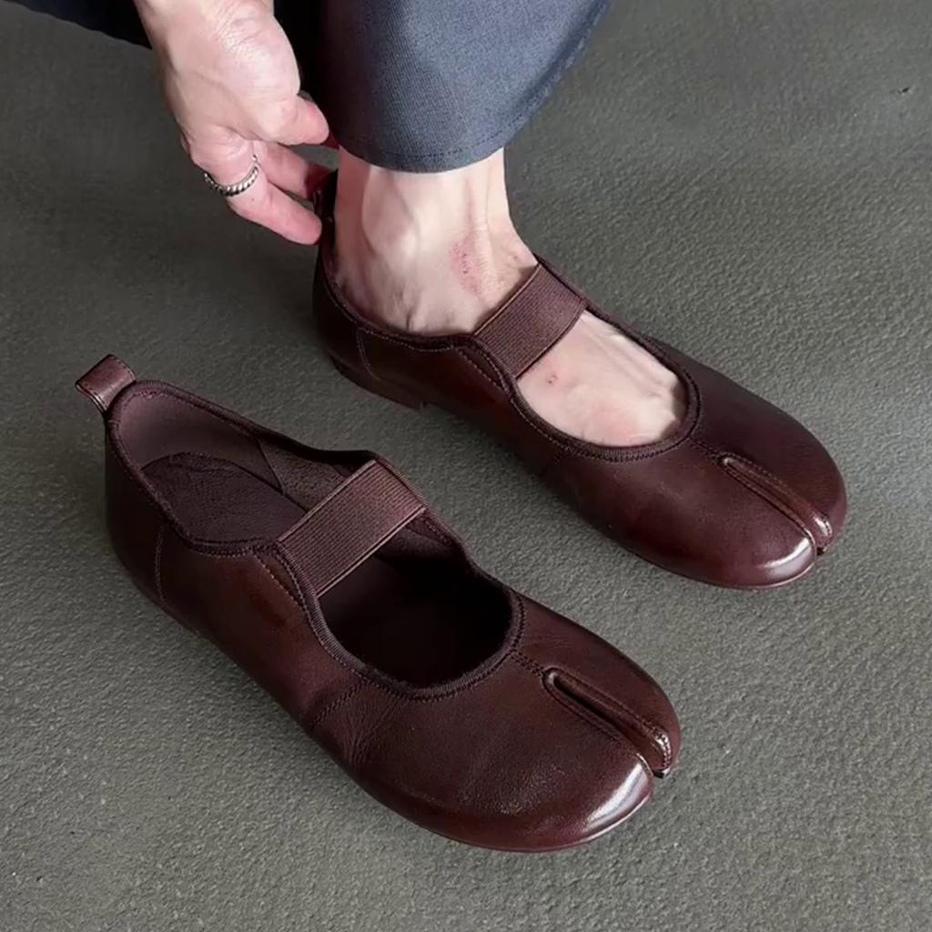 Sheepskin Version~ Retro Versatile Round Head Split Toe Inner Height Increase Soft Sole Female Soft Comfortable Simple Word with Light Mouth Single 