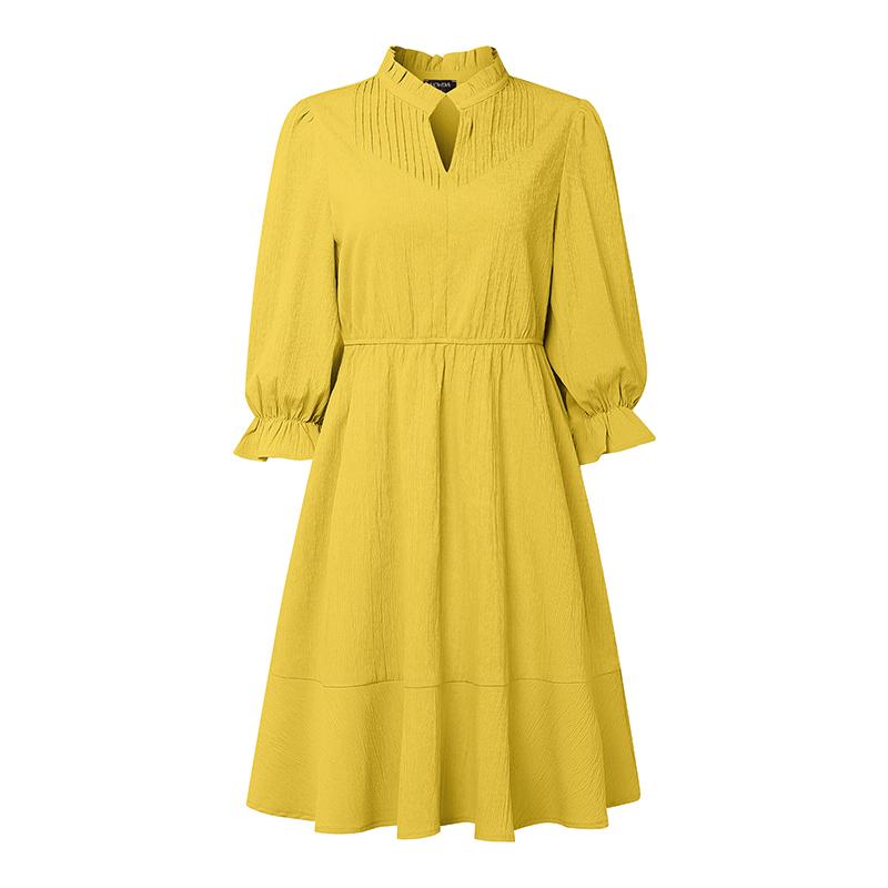 VONDA Women Casual Stand Neck Long Sleeve Pleating Ruffled Mini Elegant Dress