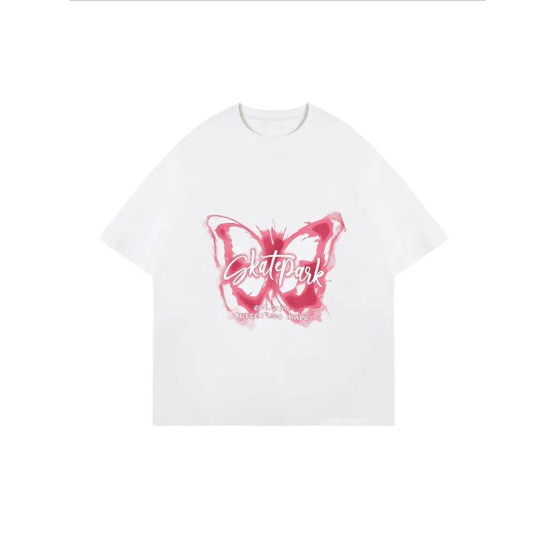 White Oversized T Shirt With Pink Butterfly Skatepark Print For Casual Wear