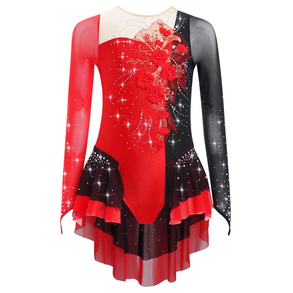 Mädchen Lyrisches Tanzkostüm Applikation Glänzende Strasssteine Rocked Leo Colorblock Mesh Langarm Body