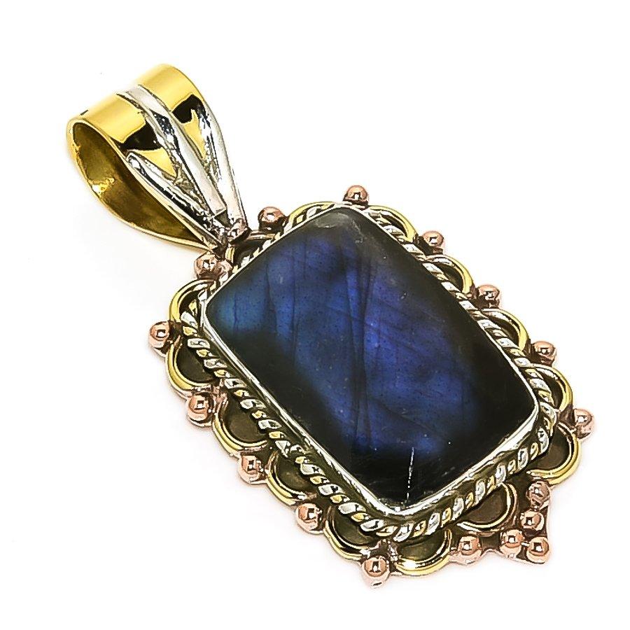 

Natural Labradorite TwoTone 925 Solid Sterling Silver Jewelry Pendant 1.50 Y9b30