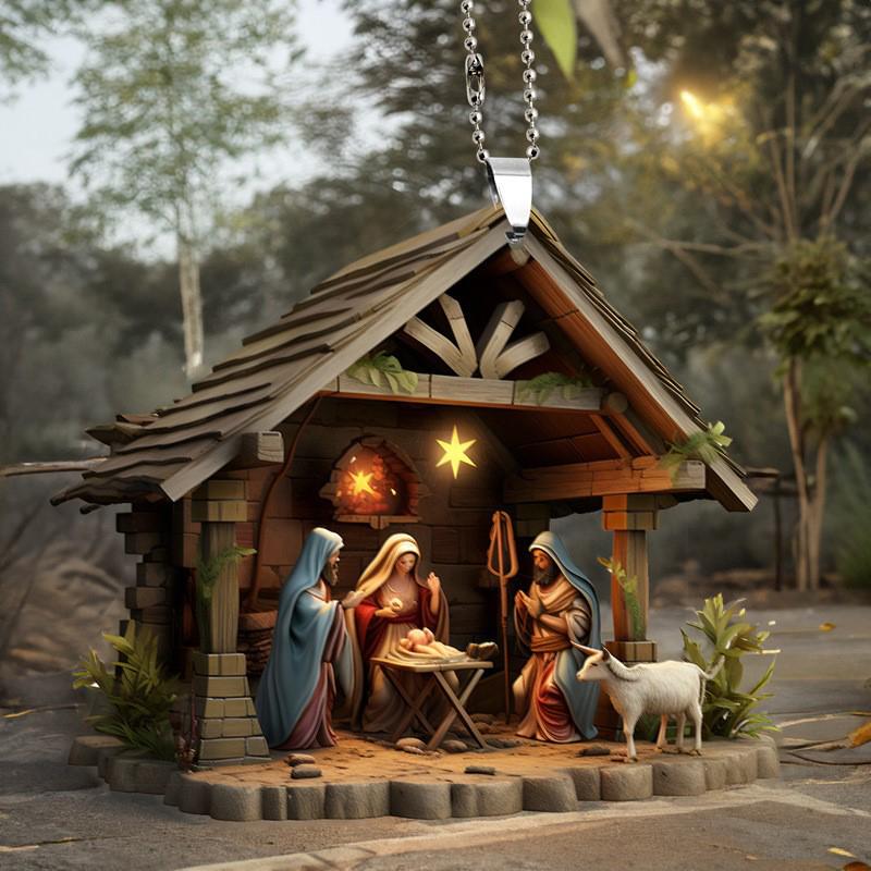 Christmas Tree Jesus Pendant Ornament Family Prayer Scene Pendant Bright Colored Car Decoration Pendant Home Decorations