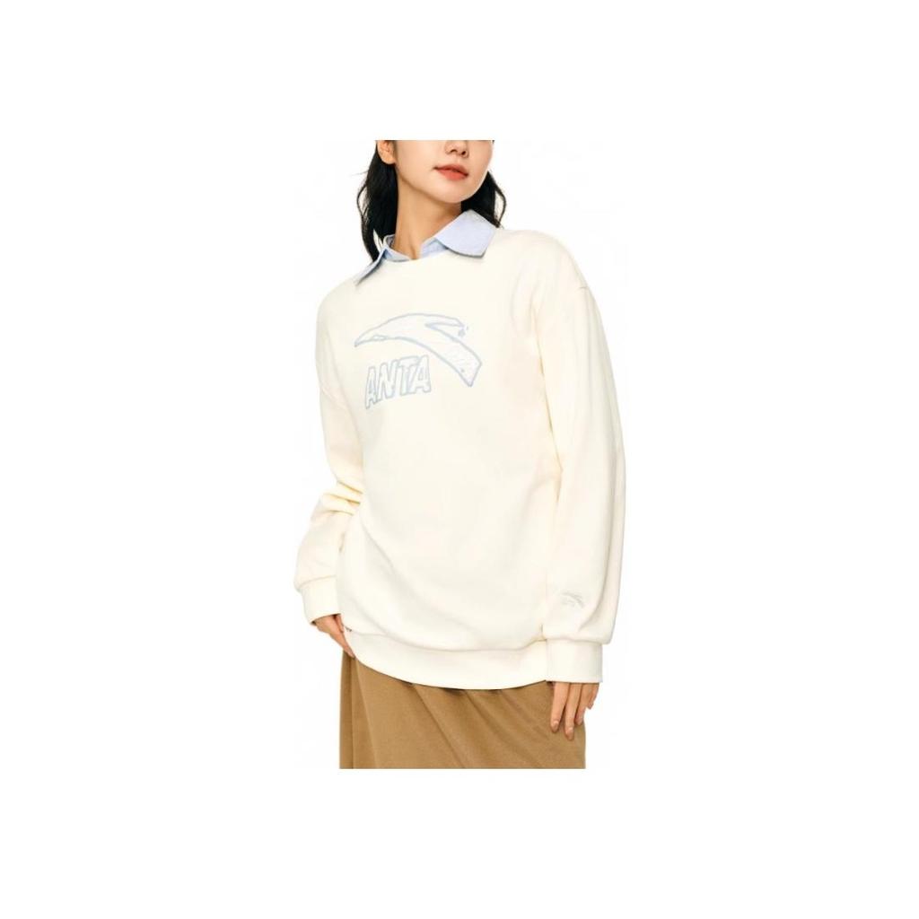 Anta Lifestyle Series Letter Loose Round Neck Pullover Long Sleeve Sweatshirt Women Sweatshirt Vanilla-White 962448701-6