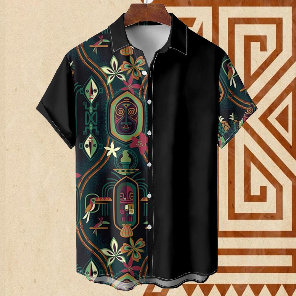 Vintage Ethnic Patterns 3D Print Beach Hawaii Shirts For Men Casual Turndown Collar Short Sleeve Beach Button Shirt Men's Shirts