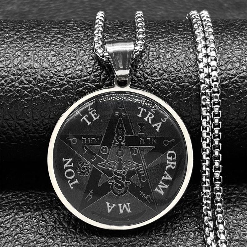 Seal of Seven Archangels Medal Stainless Steel Glass Necklace Seal of Solomon Talisman Necklace Protection Jewelry collar hombre