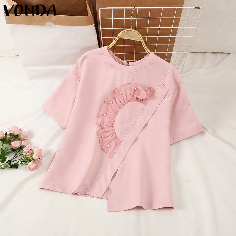 VONDA Women Summer Round Neck Short Sleeve Pearl Decorated Blouses