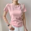 Women's White Cotton Short-Sleeve Ribbed T-shirt - Summer Round Neck, Breathable, Sweat-Absorbent, Slimming Fit