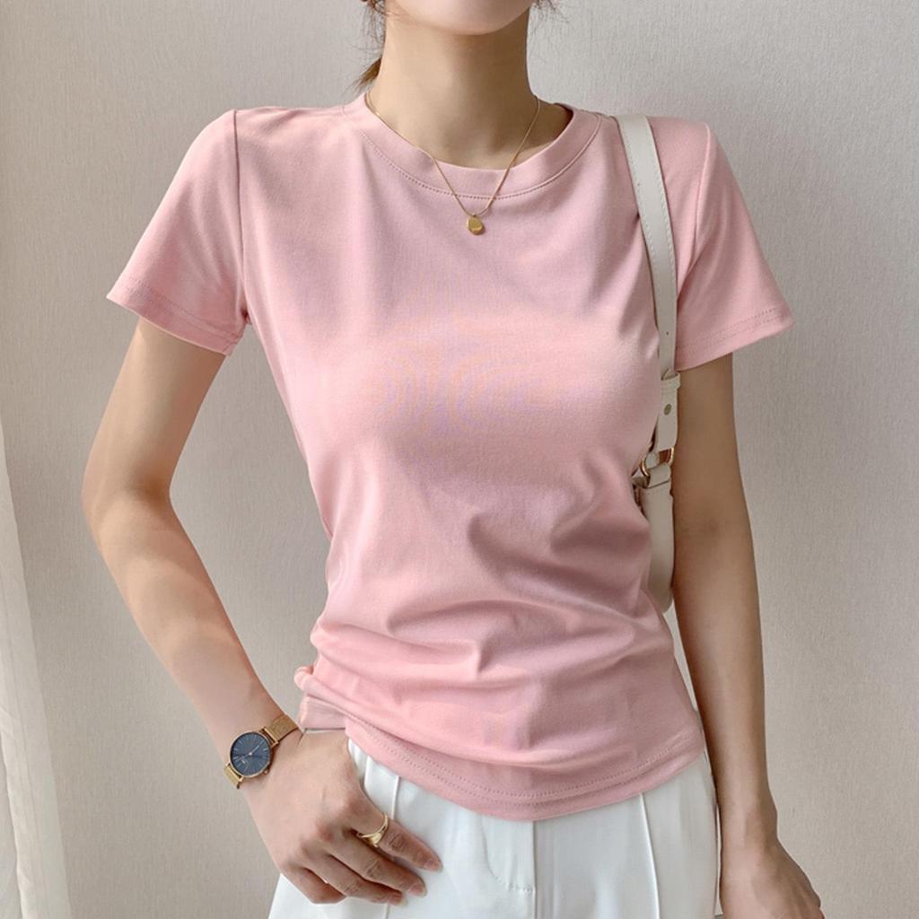 Women's White Cotton Short-Sleeve Ribbed T-shirt - Summer Round Neck, Breathable, Sweat-Absorbent, Slimming Fit