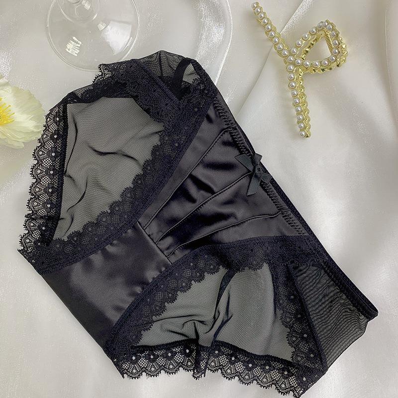 French Retro Satin Lace Mesh Low Waist Sexy Women Brief Underwear