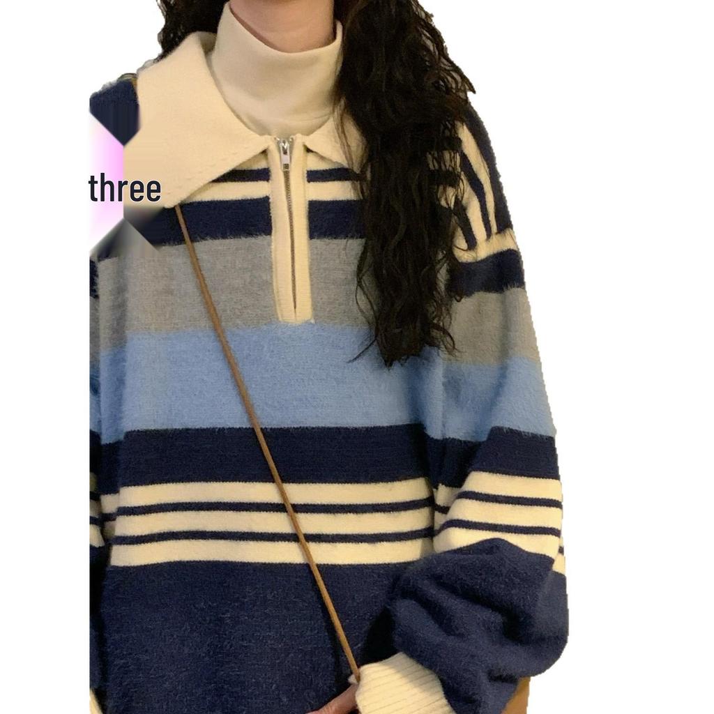 Unisex podzimní/zimní retro líný styl pruhovaný svetr s POLO límcem, pletenina inspirovaná univerzitním stylem