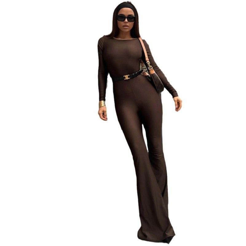 Temperament Solid Long sleeve Slim fit Sexy Backless Micro-Pull Jumpsuit Long Sleeved Sexy Jumpsuit