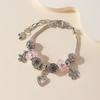Pink Crystal Petal Heart Pendant And Glued Rhinestone Flower Charm Beaded Bracelet