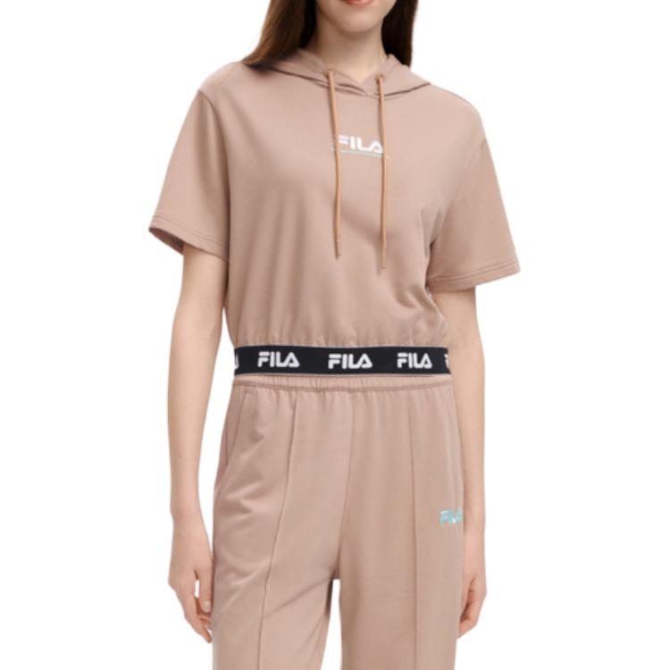 FILA X Magic Stick Collaboration Solid Color Casual Hooded Short Sleeve T-Shirt Women Tops Light-Khaki F11W329112F-DK