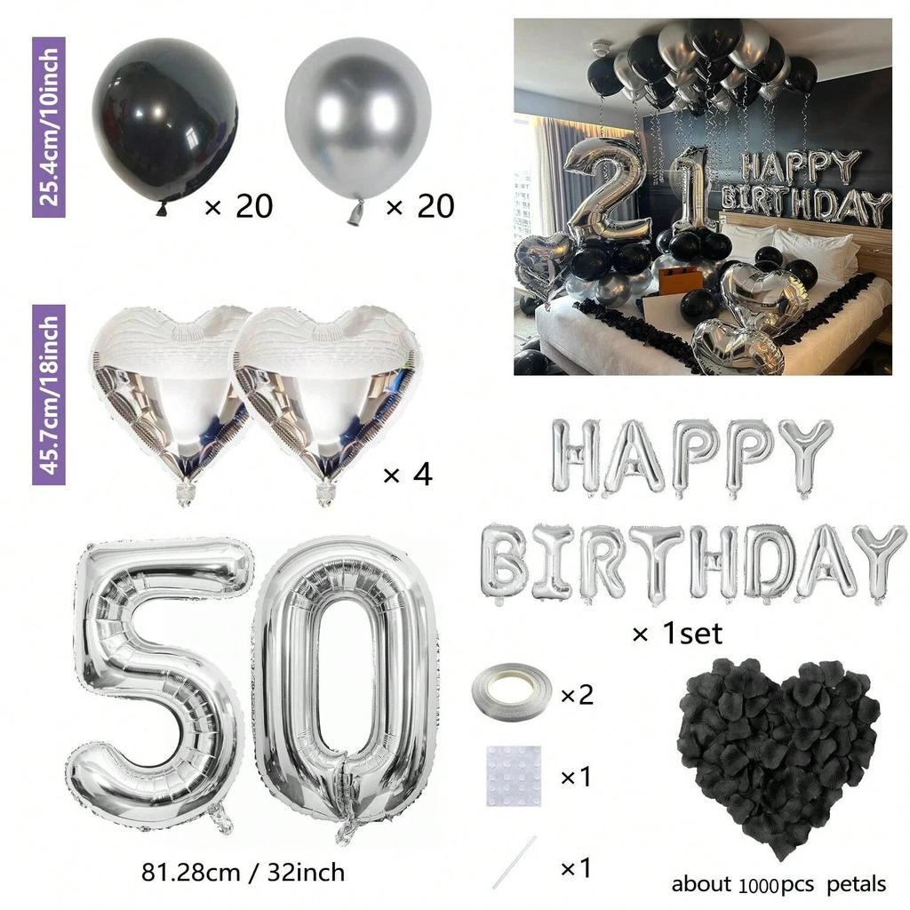 Black Silver Party Birthday Banner Heart-Shaped Aluminum Foil Balloon Rose Petals, Birthday, Anniversary, Atmosphere Decoration