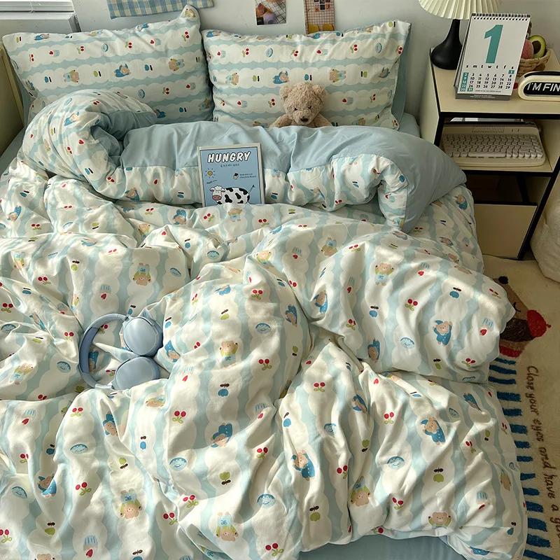 Cartoon Pattern Printed Super Soft Bedding Sets Washed Cotton Cozy Breathable Bedsheet with Pillowcase Adult Child Comfort Set