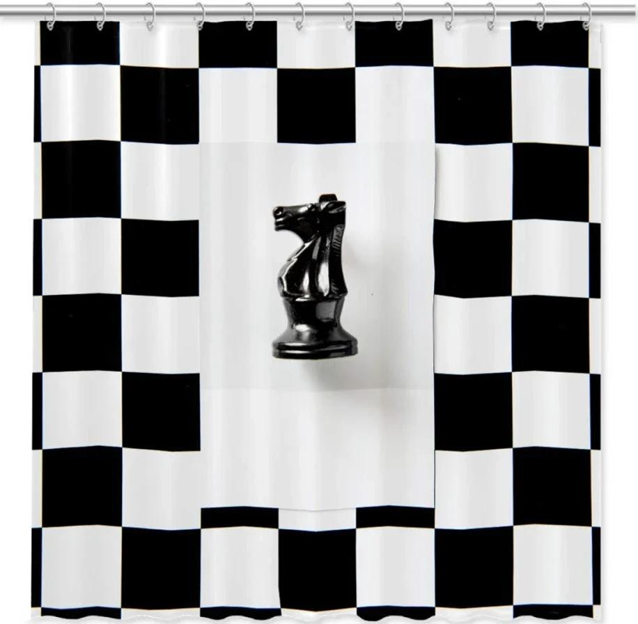 Chess Shower Curtain Horse Head International Chess Stripes Bathroom Curtains Chessboard Waterproof Board Game Bath Curtains Set