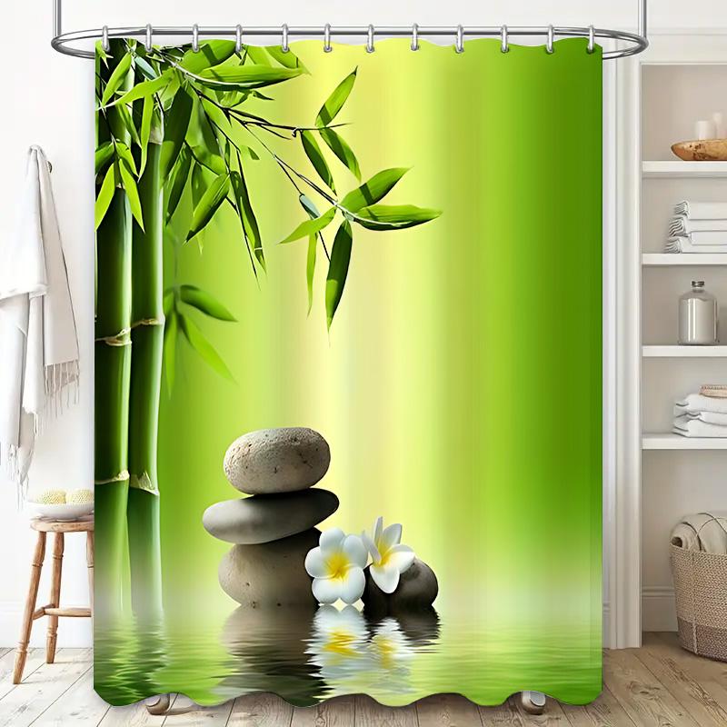 Elegant Bamboo and Stone Shower Curtain for Spa-like Relaxation - Water Lily and Green Leaves Design Waterproof Durable