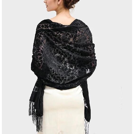 190*70cm Women's Velvet Vintage Floral Rose Shawl Wrap,Sheer Mesh Lace Scarf with Tassels, Evening Shawl for Party