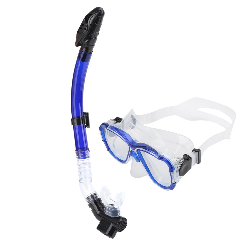 Adults Snorkel Set AntiFog Diving Cover Tempered Glass Goggles with Dry Top Snorkel Tube(Blue )