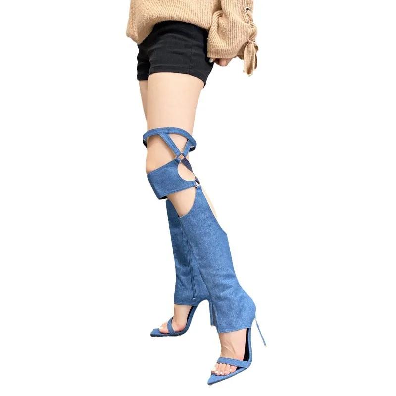 Fashion 2024 New Women's Shoes Sexy High Heel Cool Boots Denim Thin Heel Hollow Roman Sandals Large 42 Platform Sandals