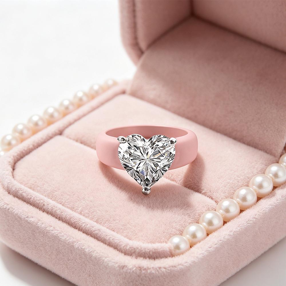 Pink Heart Zircon Ring with Gift Box for Women, Fashion Big Stone Silicone Band Rings, Aesthetic Love Crystal Finger Jewelry, Va