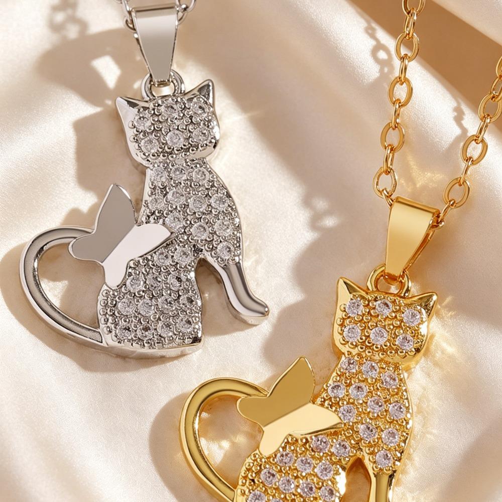 Cute Cat Butterfly Pendant Necklace Fully Inlaid Zircon Collar Chain for Women Girl Simple Exquisite Daily Wear Jewelry Gifts
