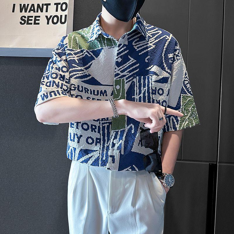 Men Clothing Summer Trendy Print Lapel Pocket Button Down Shirt Casual Streetwear Short Sleeve Loose Chic Tops Camisas De Hombre