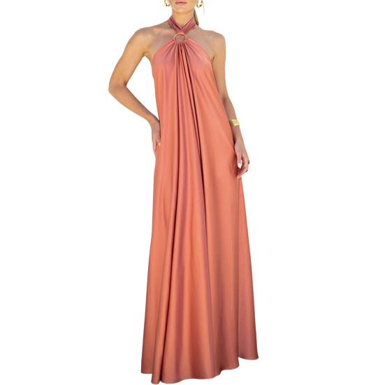 

Off Shoulder Backless Neck Straps Solid Color A-Line Beach Dress Elegant Casual M помаранчевий