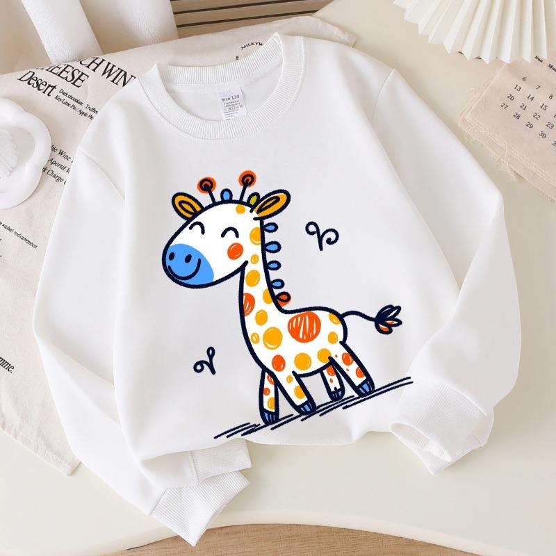 Kids Crewneck Sweatshirt, Colorful Smiling Spotted Giraffe Graphic Print, Spring Autumn Casual Sport Tops