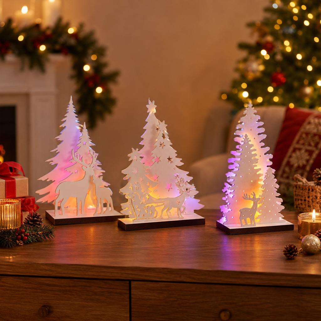 Christmas Tree Tabletop Wooden Decor with Colorful Lights , Holiday Desk Ornament for Festive Display
