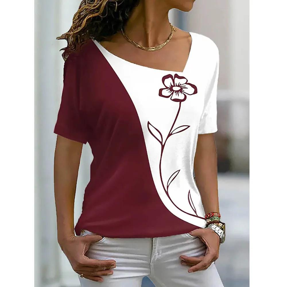Women's Short Sleeved T-shirt with Slanted Neckline Pattern and Digital 3D Printed Women's T-shirts