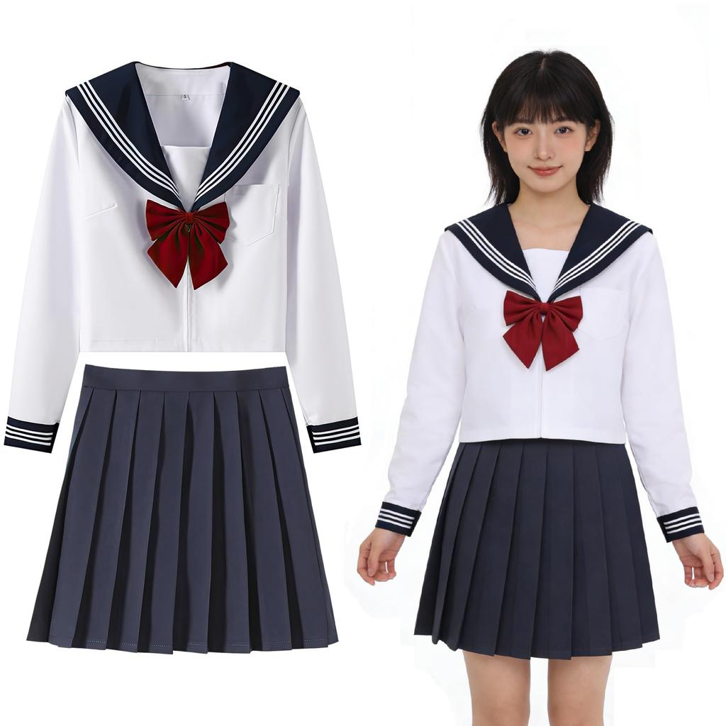 Maazusa Sailor Long JK Bow and Goldfish Two White Student School Cultural Costume Uniform, Sleeve, 3-Piece Set, Uniform, Cosplay, Knot, Strands, Cute,