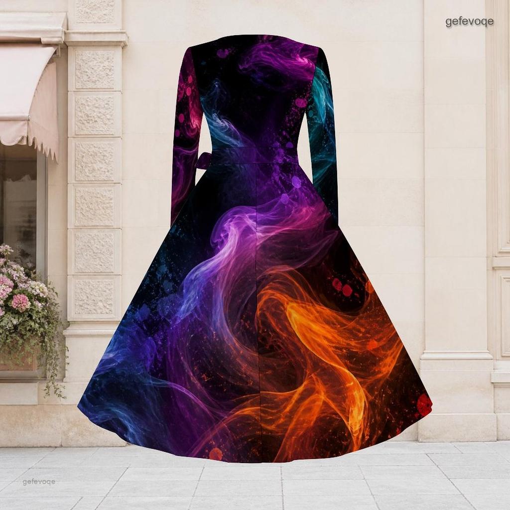 Women Plus Size V Neck Long Sleeve Rainbow Tie Dye Printed A Line Dress With Belt