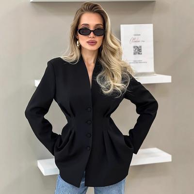 Women's Black Pleated V-Neck Fitted Blazer
