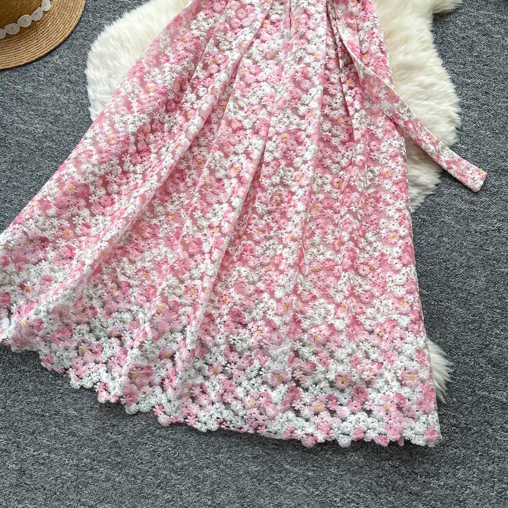 Elegant Beaded Short Sleeve Flower Lace Dress Women's Formal Evening Embroidery Crochet Hollow Out Long Party Dress
