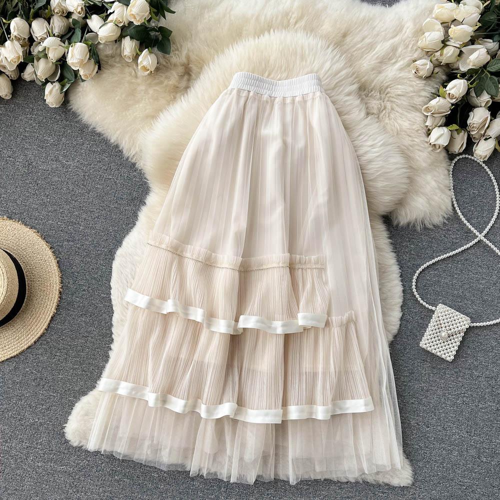 Spring Super Mesh Skirt Women's Medium Length Pleated Cake Skirt Elastic High Waist A-Shaped Large Swing Skirt Umbrella Skirt