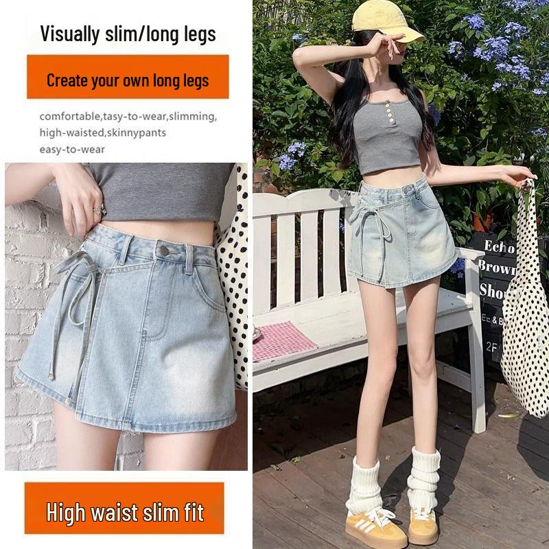 Petite Women's High-Waisted A-Line Denim Skirt with Irregular Tie and Faux Two-Piece Design