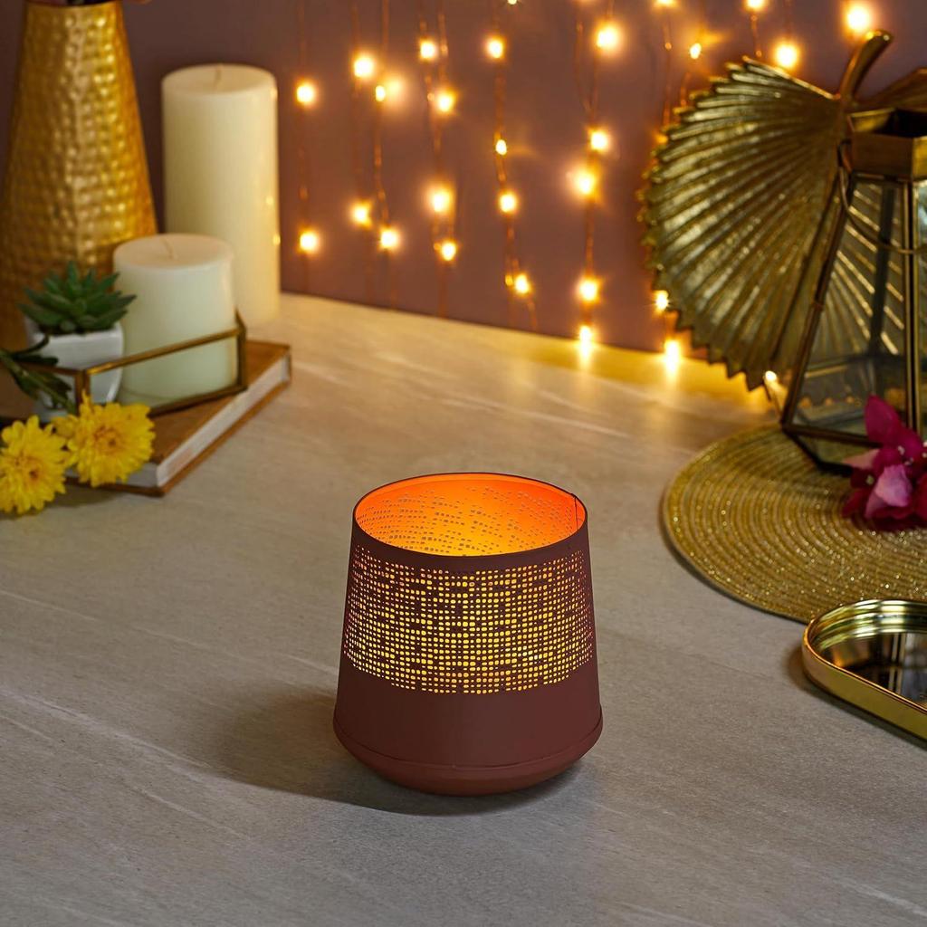 Ornamental Iron Tea Light | Stylish | for Indoors & Outdoors Décor (Terracotta with Gold)