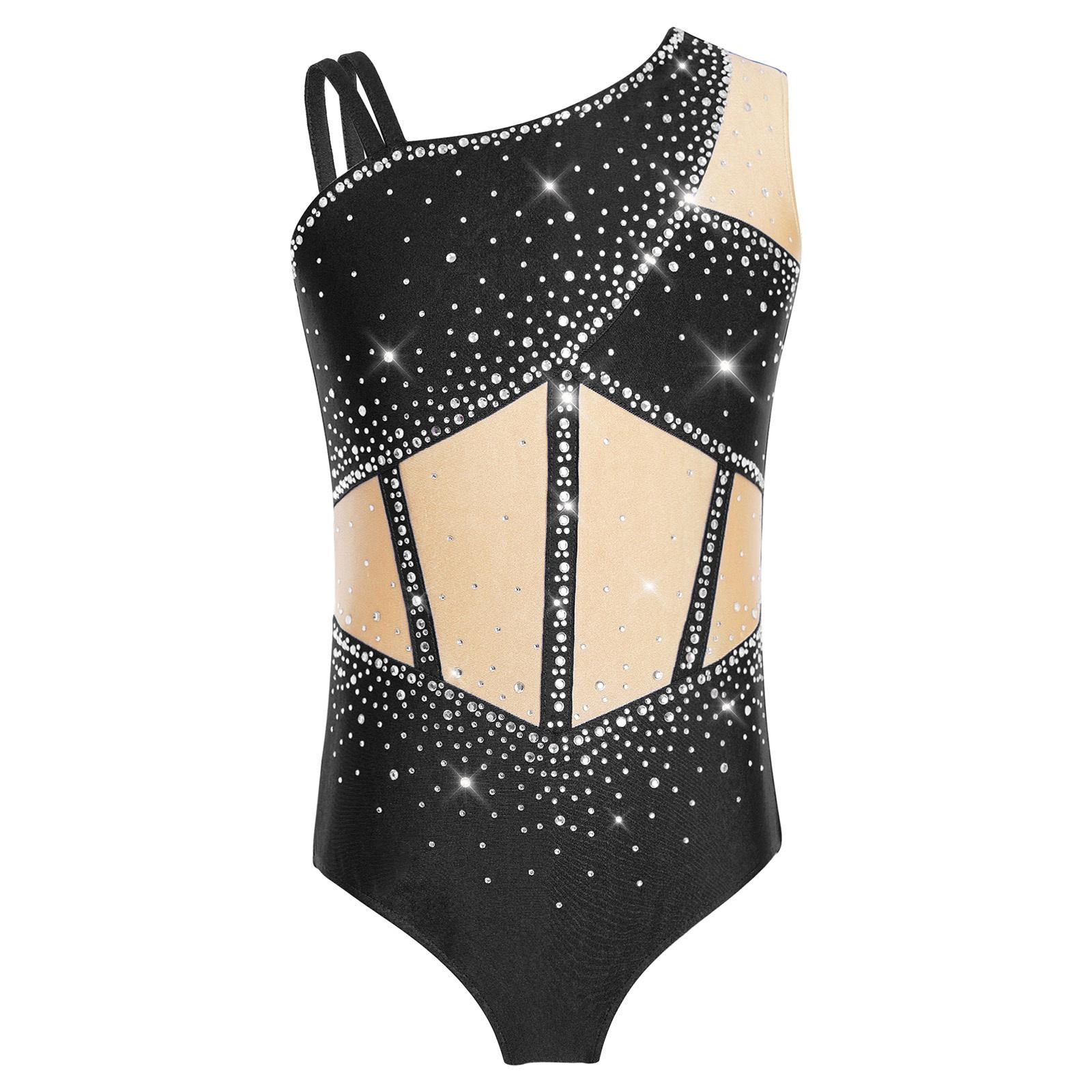 Mädchen Glitzer Strass Tanz-Leotard Ärmellos Asymmetrisch Colorblock Bodysuit 5-6 Years schwarz