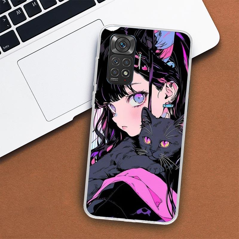 

Чехол для телефона Anime Girls Cute Black Cat для Xiaomi Redmi Note 12 12S 11 11S 10 10S 9 9S 11T 11E Pro Plus 8 8T 7 5 9T + чехол-коробка Redmi Note 10 5G