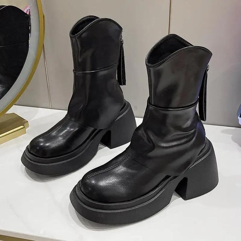 British Round Toe Thick Sole Versatile Retro Boots for Women  New Summer Slimming, Small Stature Taller Short Boots