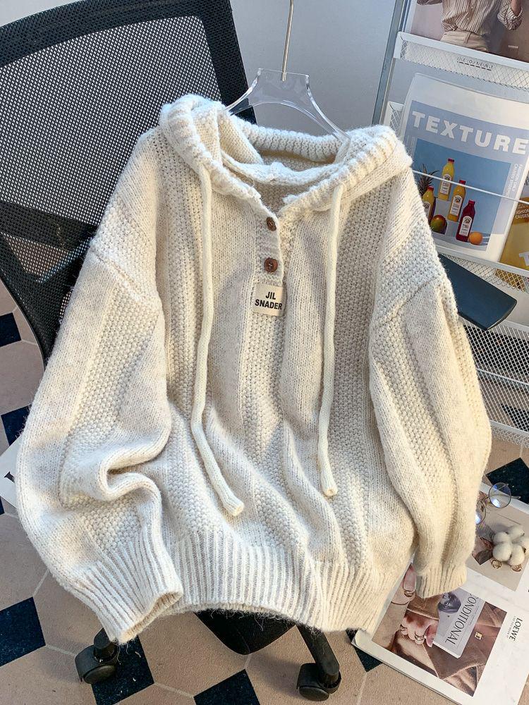 Korean Style Ice Silk Drawstring Hooded Sweater for Women - Autumn/Winter Knit Top 2025