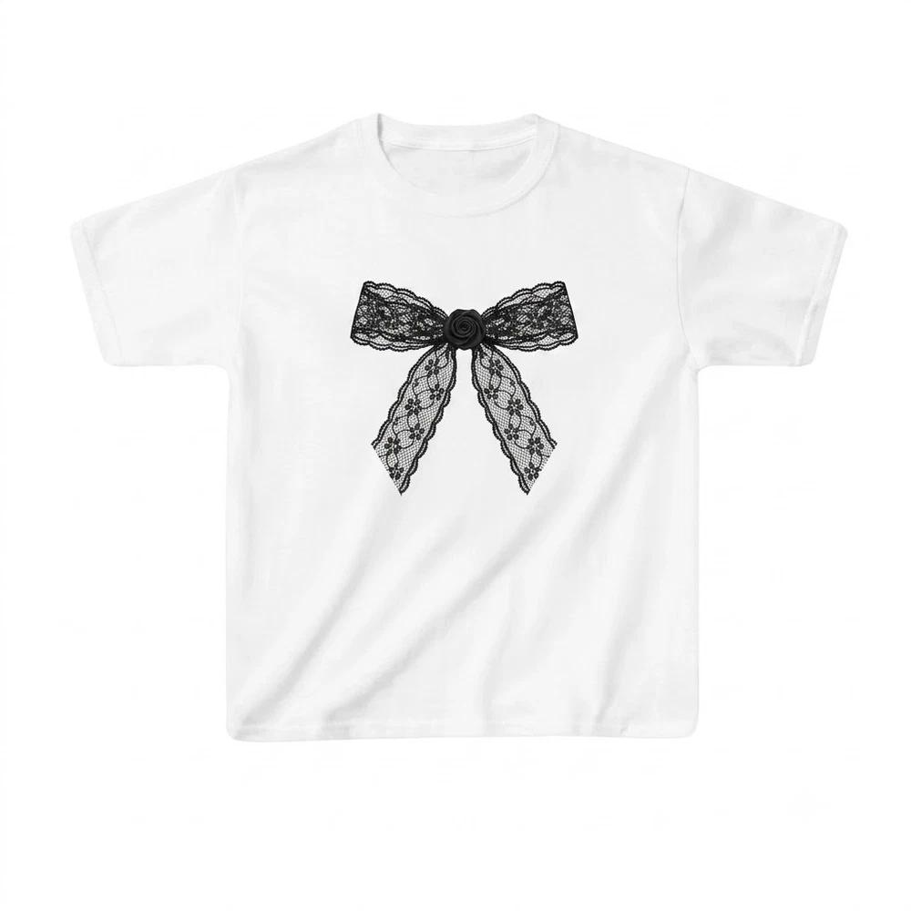 Black Lace Bow Coquette Ribbon White TShirt S