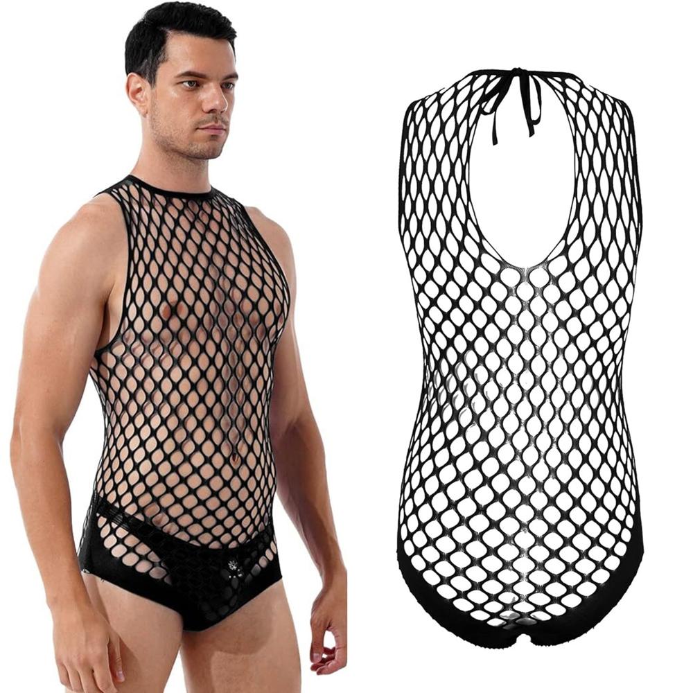 Men Sexy Lingerie Exotic Fishnet Bodystocking Jumpsuit Mesh Net See-through Long Sleeve Bodysuit Gay Sleepwear Club Wear